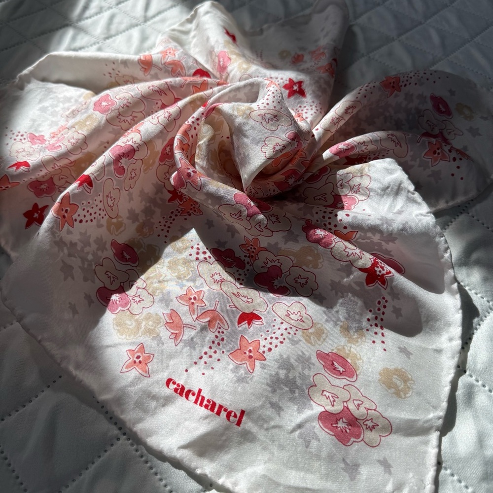Cacharel Silk Scarf Floral Square 19” Pink Red Beige Lightweight France